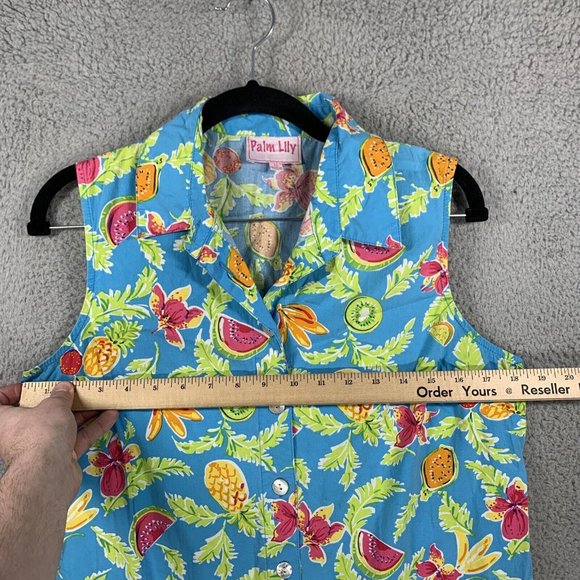 Palm Lily Women’s Sleeveless Button Front Top Turquoise w/ Fruit Print Size 12 - Picture 3 of 10